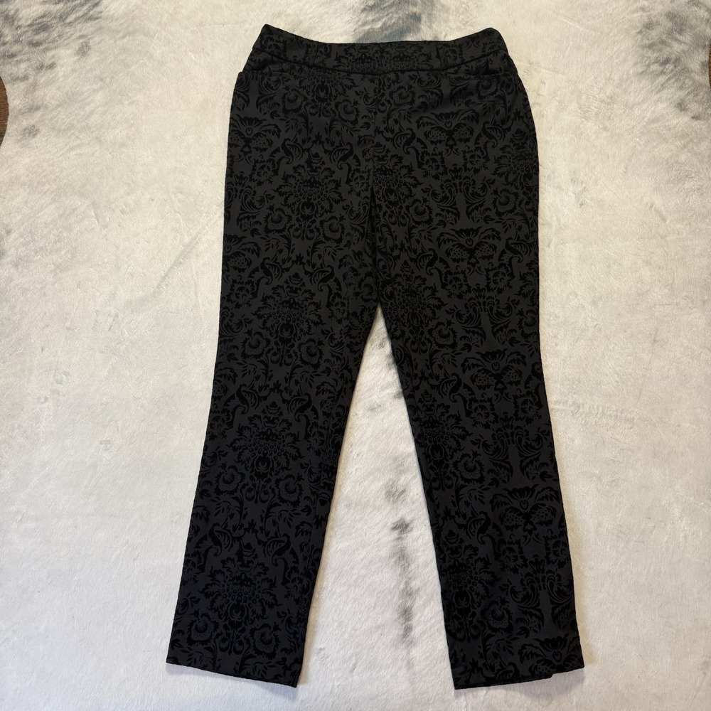 Ashley Stewart Pants Womens Size 14 Black Floral Print Velvet‎ Ponte Trousers